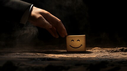 A man's hand sliding a wooden block with a happy face away from a sad face, symbolizing the transition from negative to positive emotions in a business setting on a dark backdrop