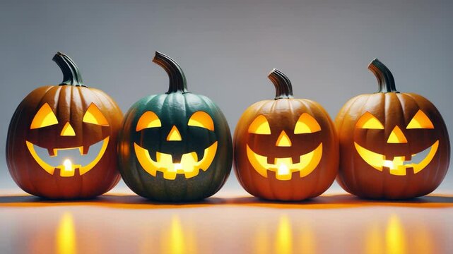 Display of pumpkin head jack-o'-lanterns set against a background. Banner layout.