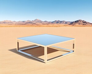 Sleek square coffee table with mirrored top and light metal frame, sits on desert sand against a mountain backdrop