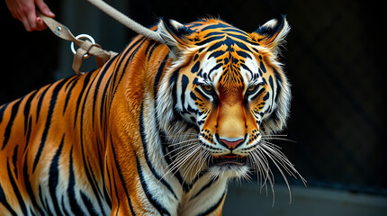 a tame tiger held by a trainer on a leash