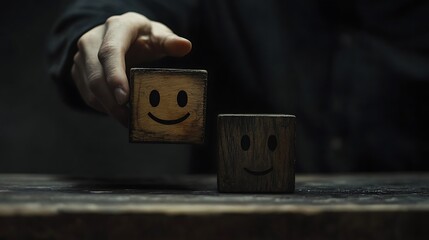 A man's hand sliding a wooden block featuring a happy face next to a sad face, symbolizing the emotional balance required in business decision-making on a dark backdrop