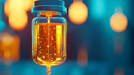 Golden liquid drips from a glass bottle