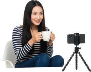 Serene Woman Enjoying Coffee During a Filming Session