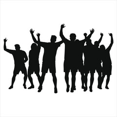 Vector Silhouette of cheering sports fans celebrating a victory/A dynamic silhouette of a group of sports fans, arms raised in jubilation.