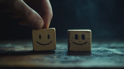 A man's hand sliding a wooden block with a smiling face next to a sad face, symbolizing the emotional dynamics in team management on a dark backdrop
