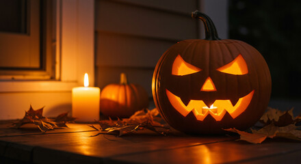 Obraz premium Carved Halloween pumpkin with candle light, autumn leaves, and a candle on a wooden surface, holiday decoration.