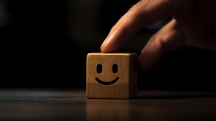 A man's hand sliding a wooden block featuring a happy face next to a sad face, symbolizing the emotional balance required in business decision-making on a dark backdrop