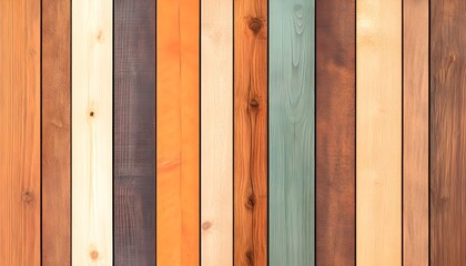 Multicolored vertical wood planks display various stains and natural tones