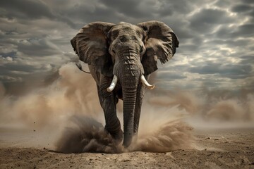 Majestic elephant strides through dusty terrain under dramatic skies in the desert