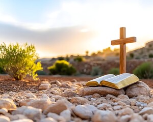 Open holy book rests on rocks near a wooden cross at sunset, desert landscape