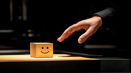 A man's hand touching a wooden block with a smiling face next to a sad face, symbolizing the emotional balance required in client interactions on a dark backdrop
