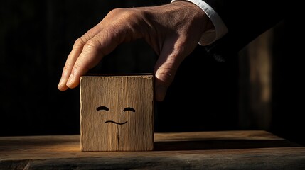 A man's hand touching a wooden block with a smiling face next to a sad face, symbolizing the emotional balance required in client interactions on a dark backdrop