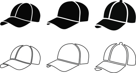 Baseball Cap Icons Set. in silhouette vector.