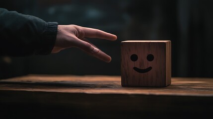 A man's hand touching a wooden block with a smiling face next to a sad face, symbolizing the emotional balance required in client interactions on a dark backdrop