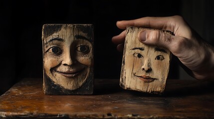 A man's hand touching a wooden block with a smiling face next to a sad face, symbolizing the emotional dynamics in client relationships on a dark backdrop