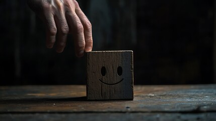 A man's hand touching a wooden block with a smiling face next to a sad face, symbolizing the emotional balance required in client interactions on a dark backdrop