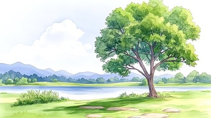 Serene lakeside scene with lush greenery, a large tree, and distant mountains under a partly cloudy sky