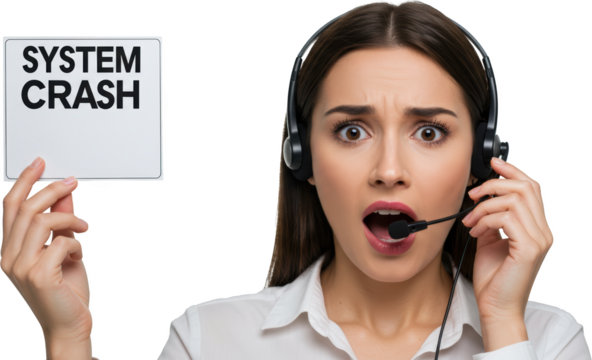 Shocked brunette call center agent holding a System Crash sign