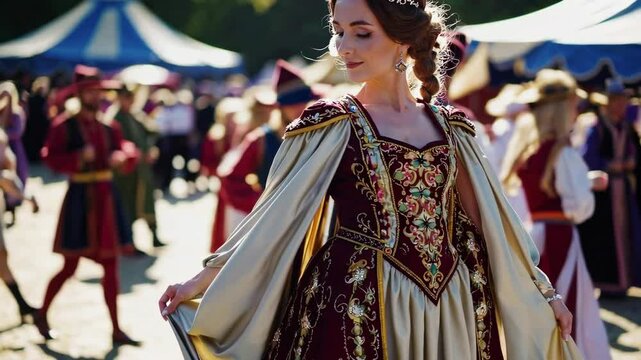 Medieval festival scene with elegantly dressed noblewoman amidst vibrant crowd
