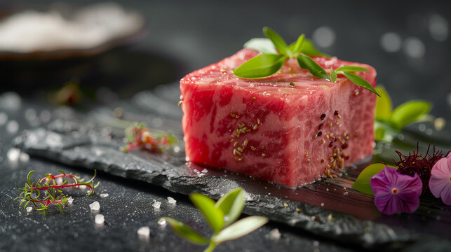 Square-cut raw Wagyu steak centered in black marble tray.