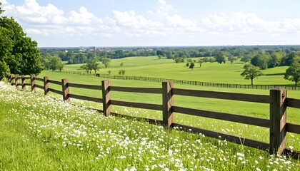 Sunny pastoral scene; rolling green hills, wooden fence lined with wildflowers, distant buildings under a blue sky with fluffy clouds