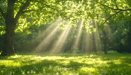 Fototapeta premium Sunbeams pierce a verdant forest scene, illuminating lush grass beneath leafy trees