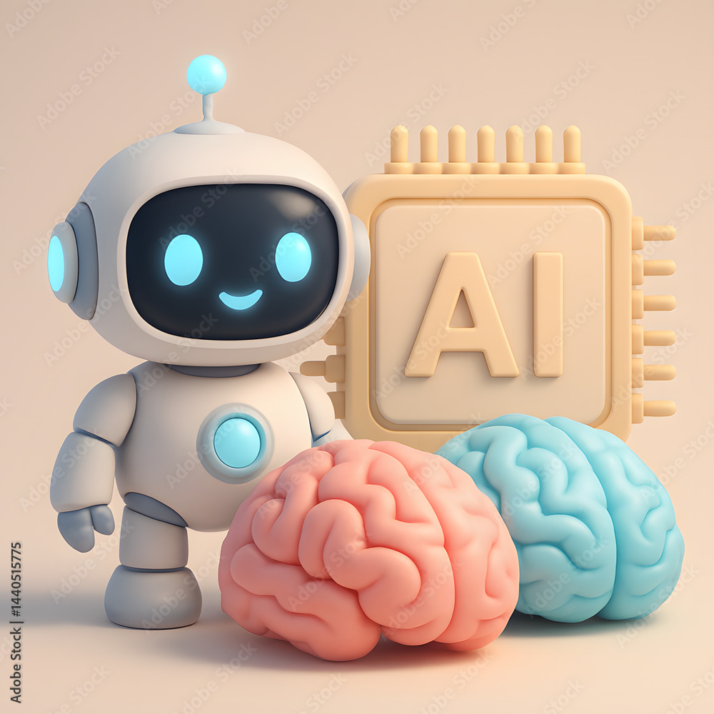 Poster ai robot concept: a friendly robot stands alongside a stylized ai chip and colorful brain models, pr