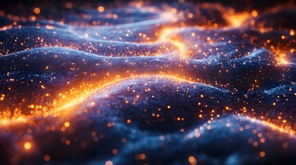 Obraz premium Luminous glowing particle field with wave-like structure in shades of blue and orange for science or technology projects