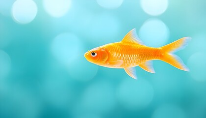 Vibrant orange goldfish swims in a clear, teal aquatic environment with a bokeh background