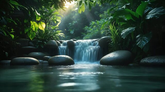 The lush tropical river flows gently.