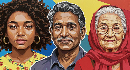 Diverse group of people expressing emotions against colorful background  