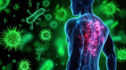 Anatomical illustration of a human figure with glowing internal processes against a microbial backdrop