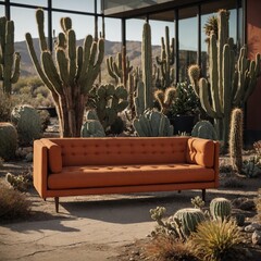 A burnt orange mid-century modern sofa with cacti in the background.