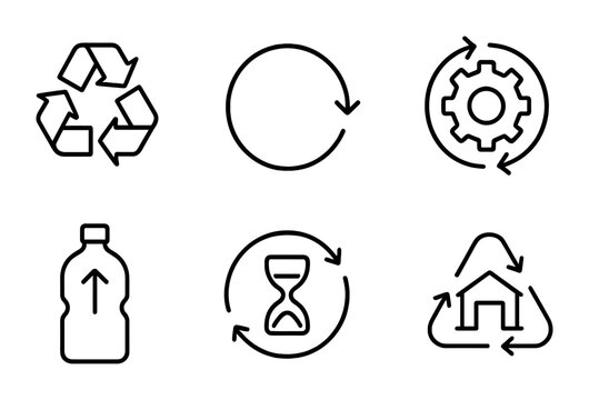 Sustainability and recycling icon set – outline style eco-friendly, waste management, and green solutions symbols: recycle, circular economy, gear, bottle, timer, house.
