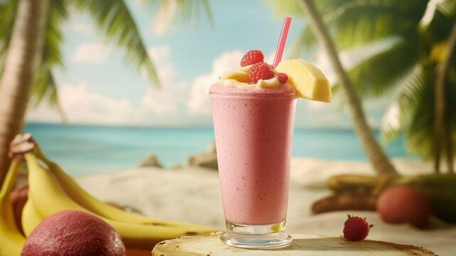 Refreshing fruit smoothie on beach backdrop.