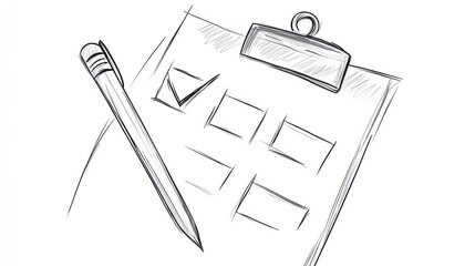 Checklist clipboard with pen, hand-drawn sketch style.