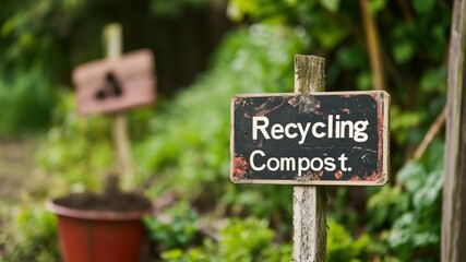 Sign reads Recycling Compost in garden setting.