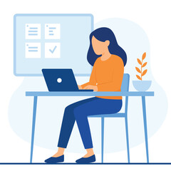 Woman Working on Laptop in Office, Task Management and Productivity Concept Illustration