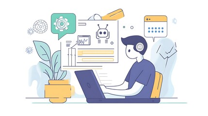 A professional designing a chatbot interface on a laptop, emphasizing the integration of technology in customer support