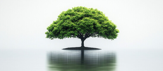 Obraz premium Solitary tree reflected in calm water.