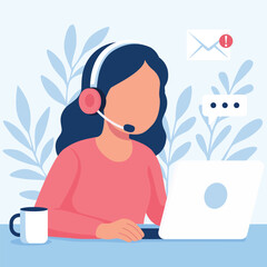 Customer Service Woman with Headset Working on Laptop Vector Illustration