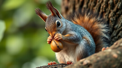Obraz premium squirrel nibbling on an acorn or pecan