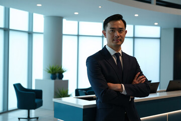 Confident young Asian businessman in a suit and tie standing with arms crossed, smiling assuredly at the camera in a bright, modern office lobby or hallway setting