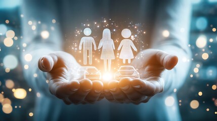 A professional displaying virtual symbols of family, automobile, and health amidst a bokeh backdrop, illustrating the concept of holistic insurance solutions