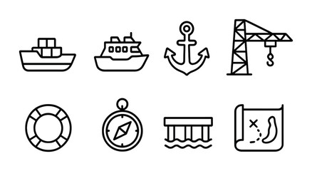 Naklejka premium Maritime and nautical linear icons set – outline style sea transport, marine navigation, and ocean travel symbols for sailors: ship, boat, anchor, crane, lifebuoy, compass, dock, treasure map.