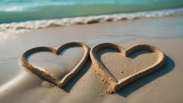 Two hearts etched in the sand.