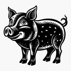 Fototapeta premium Vintage Black and White Pig Illustration Retro Stylized Farm Animal Art