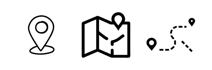 A minimalist vector icon set featuring map symbols, ideal for navigation, travel, and location-based designs.