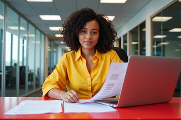 Focused young businesswoman, possibly Black or mixed-race, with curly hair and yellow shirt, sits working on a red laptop at her desk in a modern open-plan office, looking directly at the camera