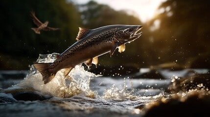 Fototapeta premium Swimming salmon leaping upstream in a river underwater photography of aquatic wildlife in natural sunlight